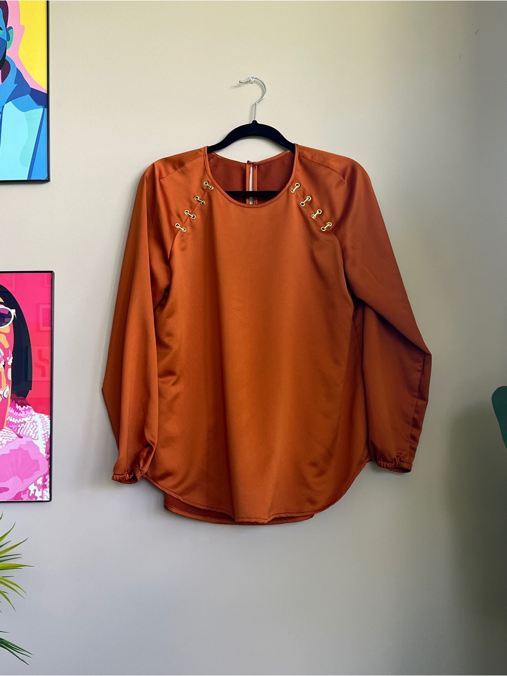 Michael Kors Rust Gold Grommet Long Sleeve Blouse Women’s Large See Measurements